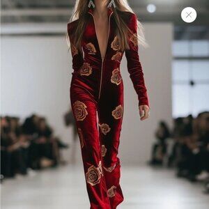Oyrosy Elegant Red Floral Rose Velvet Zip up  Long Sleeve  Retro Jumpsuit M